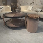 Round Nesting Coffee Table Set with Natural Wood Veneer and Artistic Inlay Details